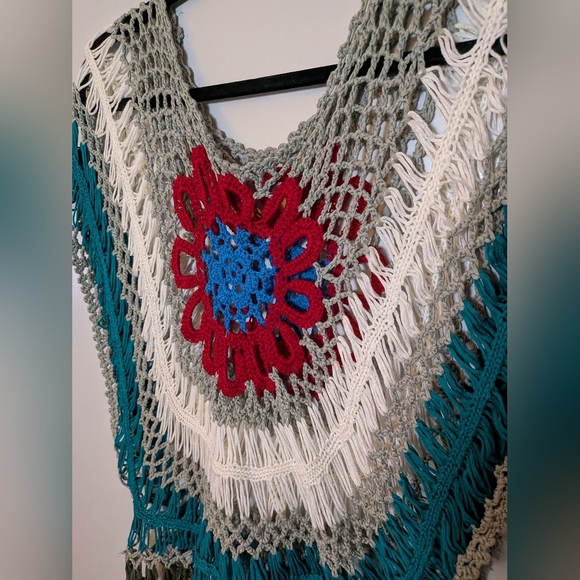Boho Crochet Knit Top Multicolor Flower Design Festival Hippie Style Batwing - Picture 8 of 14